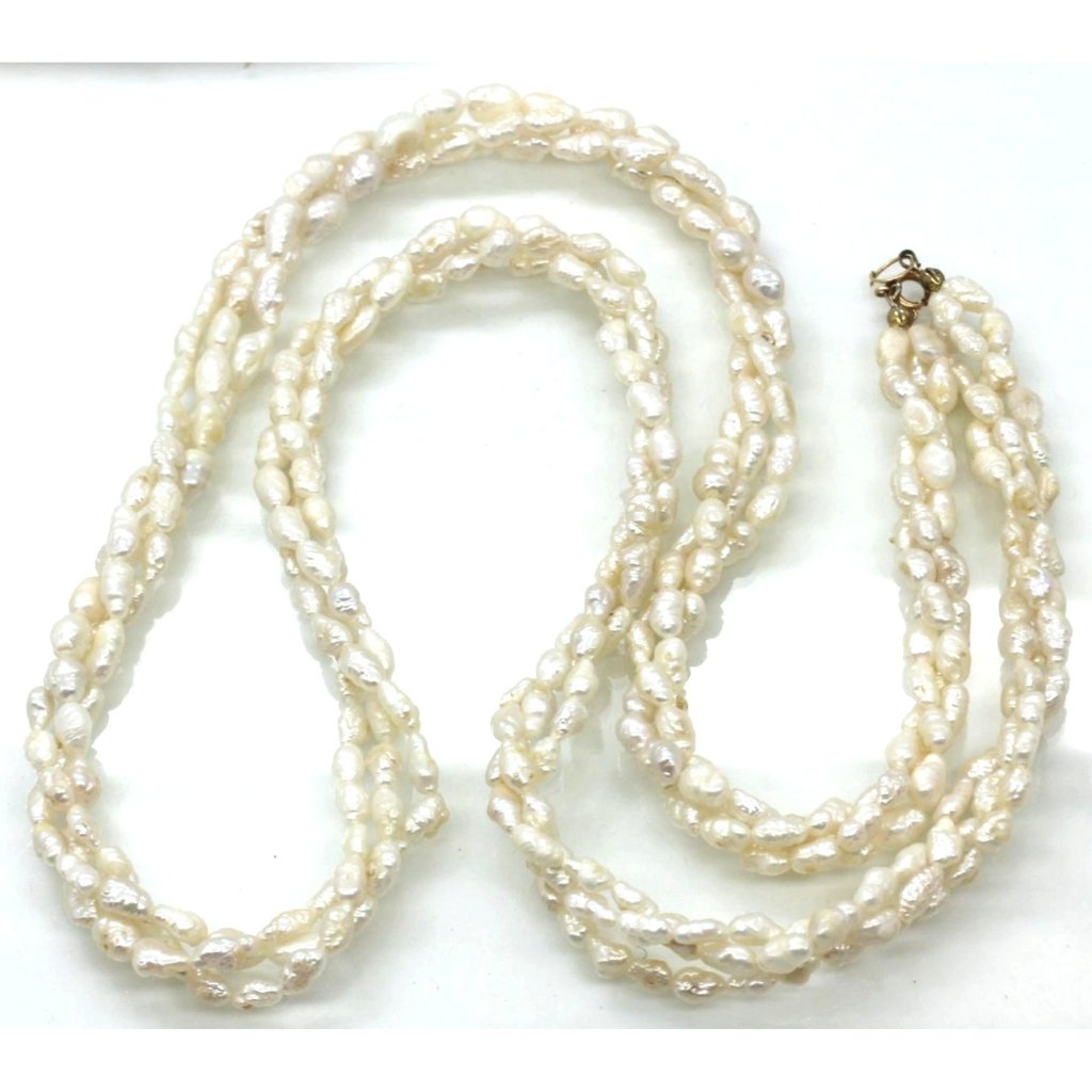 Solid 14k Gold Clasp,Vintage 3 Strand Pearl Twisted Torsade Necklace, 28